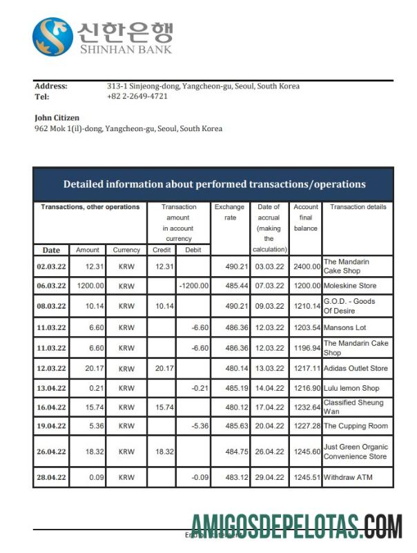 South Korea Shinhan Bank Statement Xls amostra